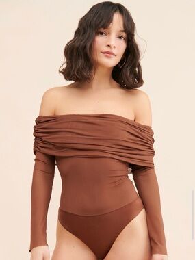 AFRM Off-Shoulder Long Sleeve Bodysuit in Brown